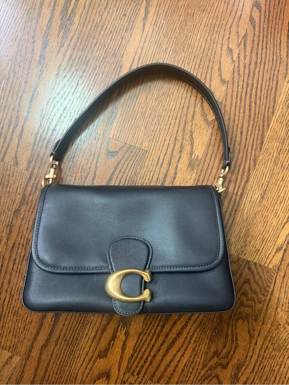 Coach Black Leather Shoulder Bag with Gold 'C' Accent